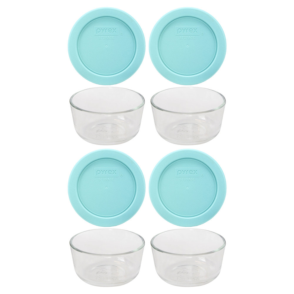 Pyrex (4) 7202 1-Cup Glass Bowls & (4) 7202-PC 1-Cup Lids